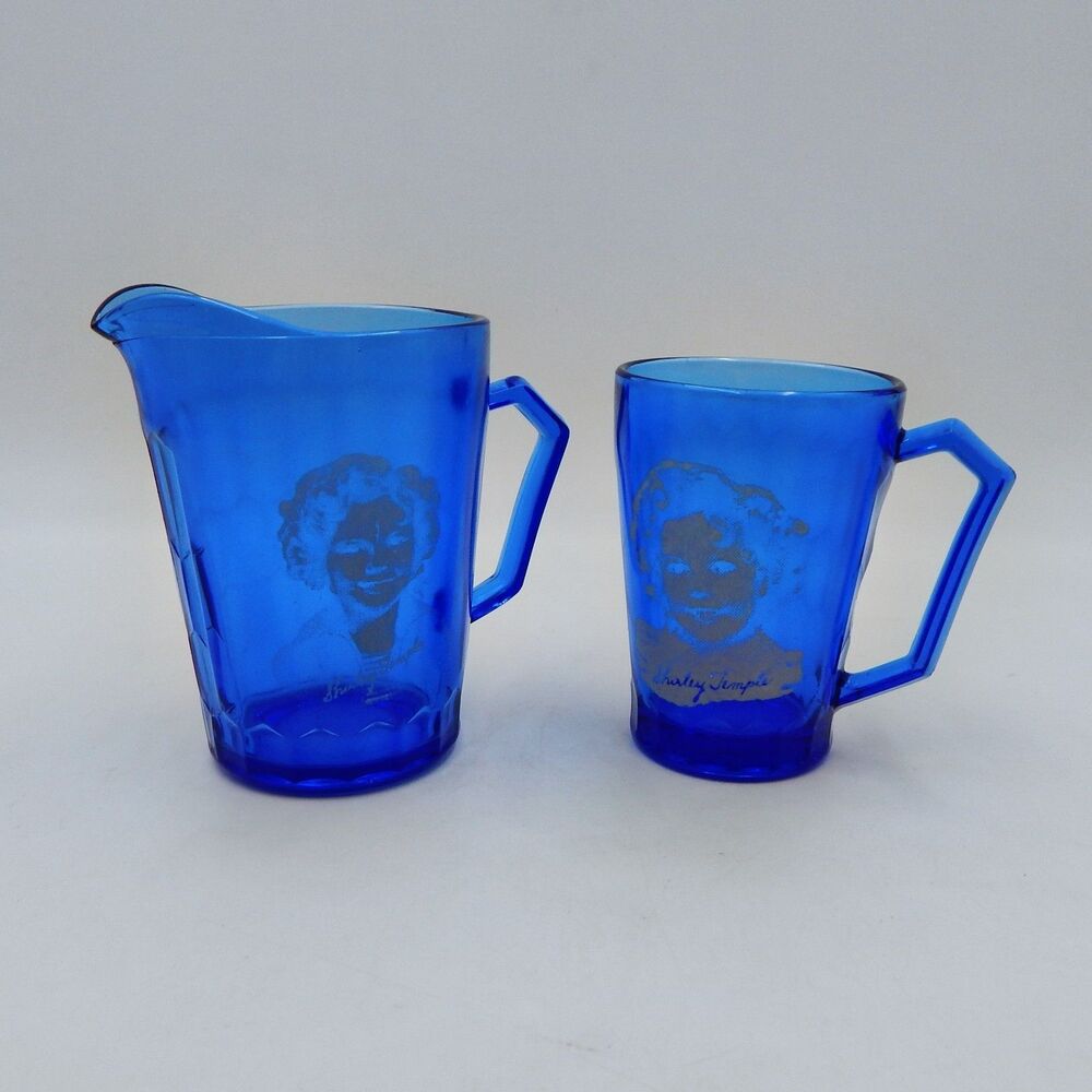 Hazel-Atlas Cobalt Blue Shirley Temple Glass Cup & Milk Pitcher Set Wheaties